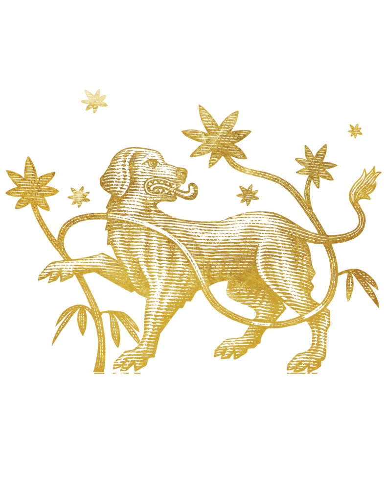 A golden illustration of a dog surrounded by flowers and foliage.