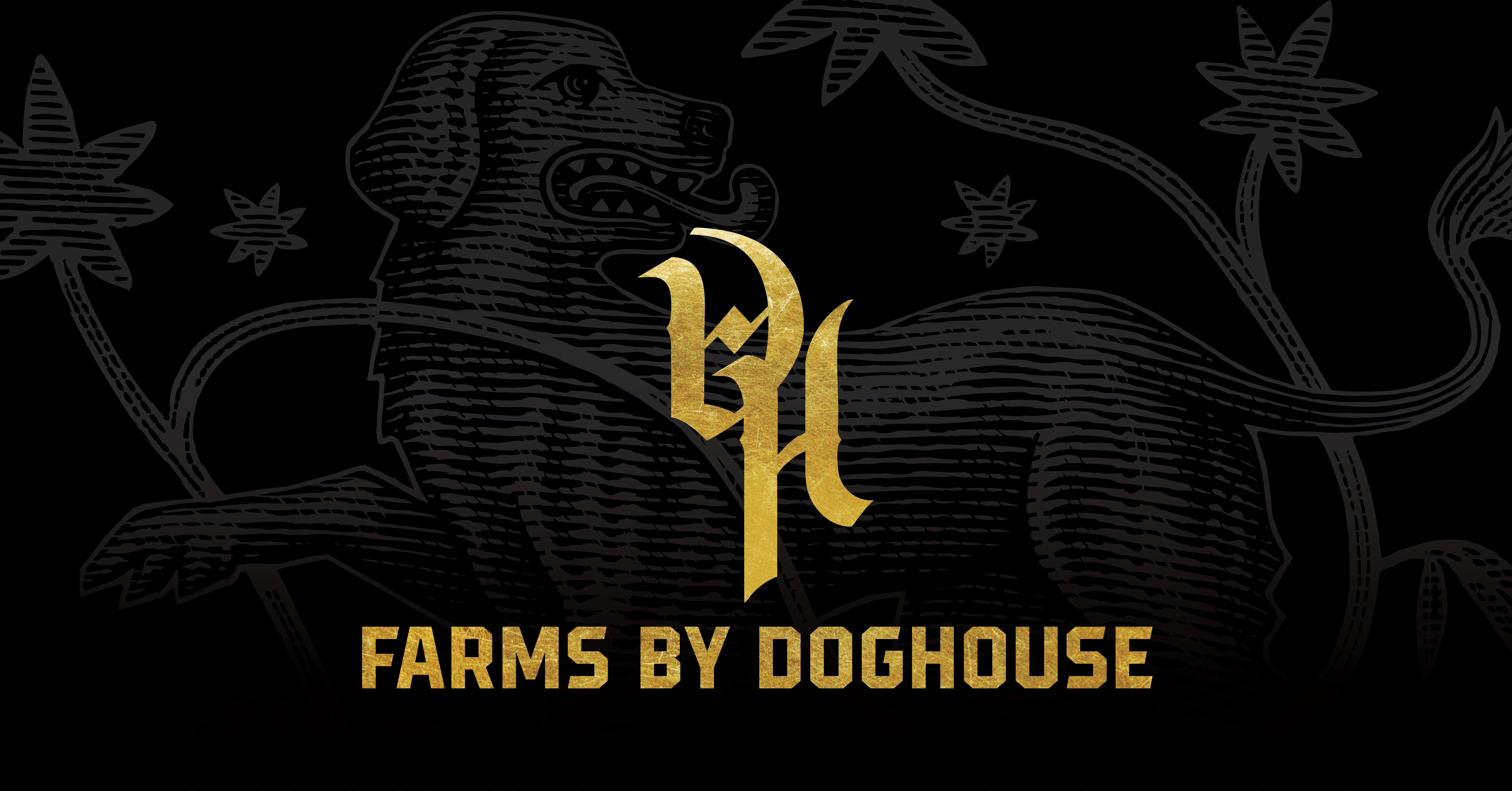 Logo design for Farms by Doghouse featuring stylized text and a graphic of a dog with floral elements in the background.