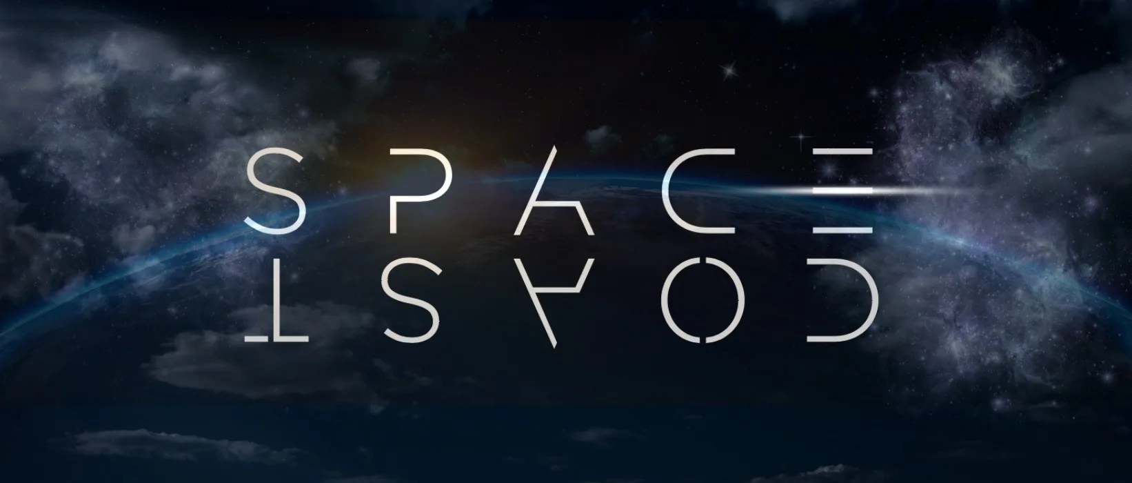 A stylized logo of the word 'SPACE' against a cosmic background featuring stars and clouds.