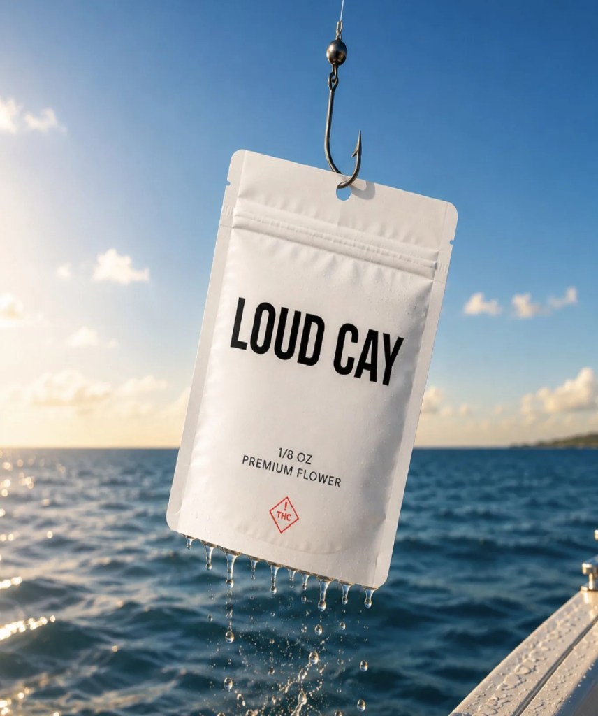 Loud Cay premium flower pouch on a fishing hook over the ocean